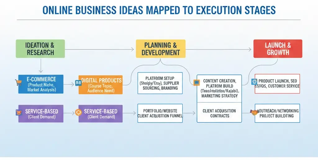 Online business ideas for 2025 organized by execution and scalability 