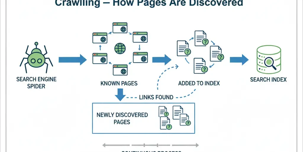 Search engines use automated programs (often called crawlers or bots) to find pages by following links. 