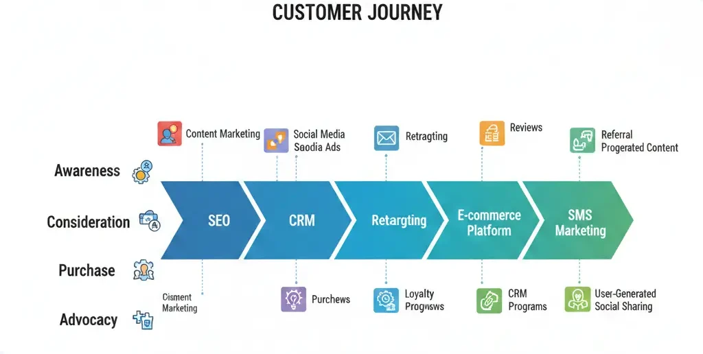 Types of digital marketing mapped to awareness, consideration, and decision stages