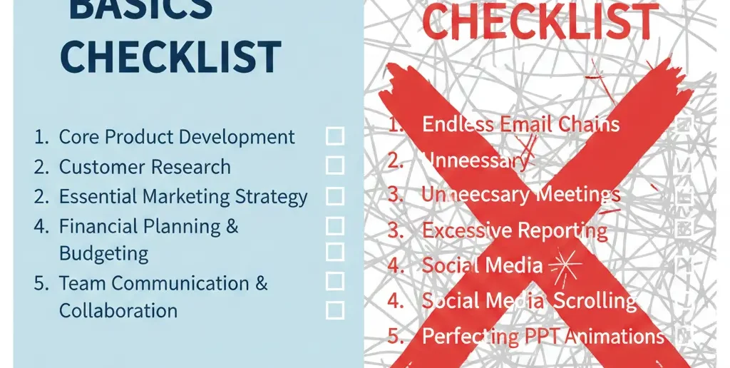 Checklist comparing essential online marketing basics with common distractions