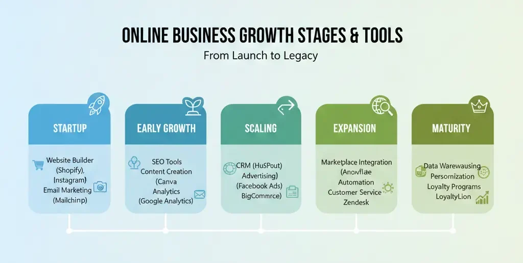 Tools to grow an online business mapped to growth stages