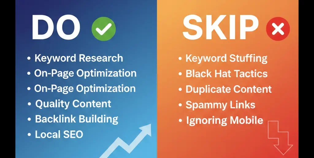 Beginner SEO checklist comparing best practices and common mistakes
